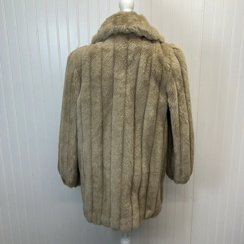 Vintage Jordache Faux Fur Glam Longline‎ Jacket Tan Satin Lined Made In USA Sz L